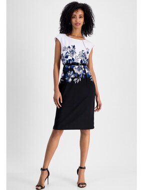 Floral Print Crepe Sheath Dress With Belt Size 8P Connected Apparel